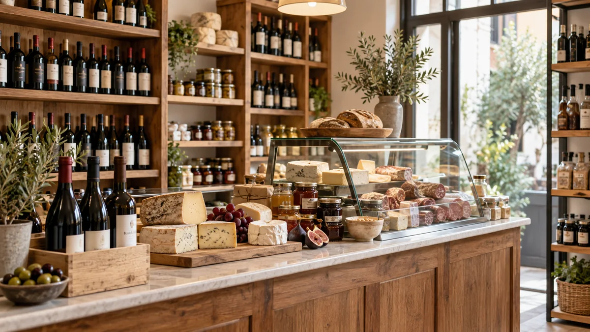 Wine bottles, artisan cheese, and deli products in a specialty retail shop